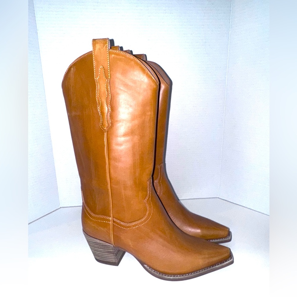 Jeffrey Campbell Floured Distressed Cognac Tall Western Boots 9
